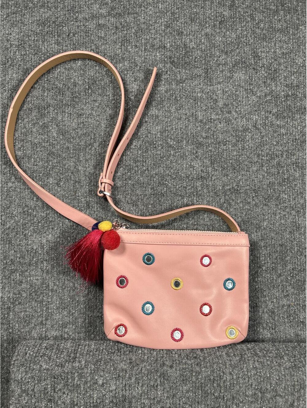 Juicy Couture Pink Crossbody Bag with Pom Pom Charm and Colorful Dot Detail
